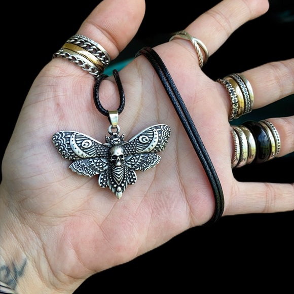 Moth with moon and skull design pewter necklace on leather cord boho goth - Picture 10 of 15